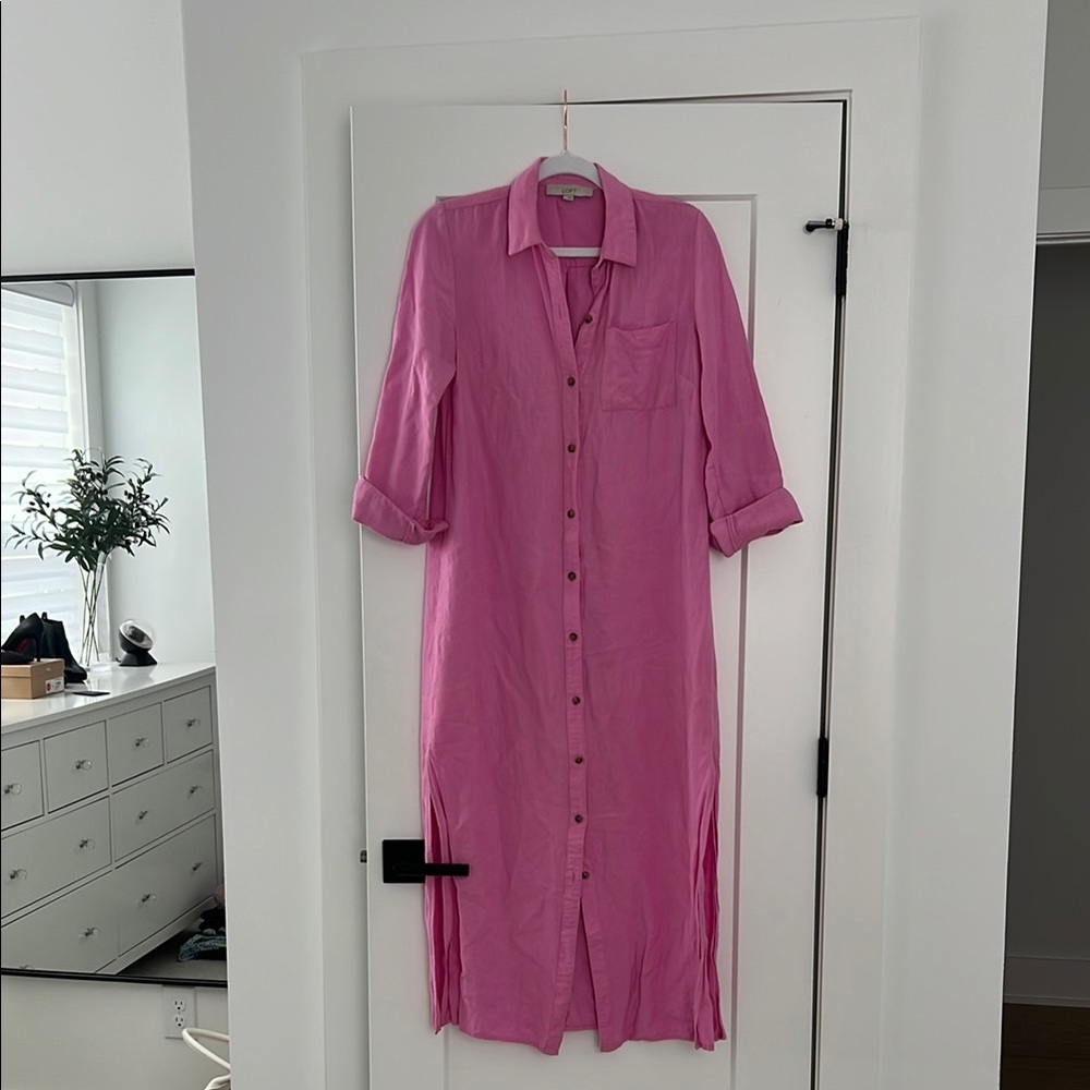 Pink Linen Button-Up Long Shirt Dress